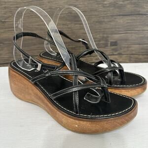 Vintage Y2K Sandals Pazzo Women 10 Chunky Wood Platform Black Strappy Leather